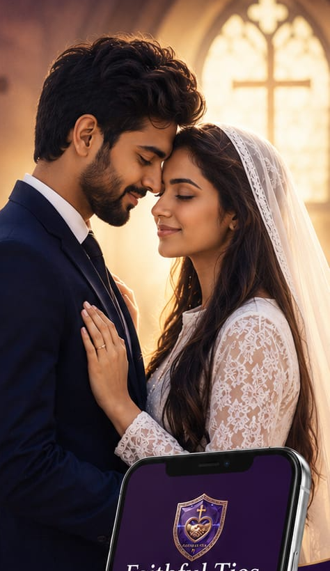 A Christian bride and groom standing together before a cross